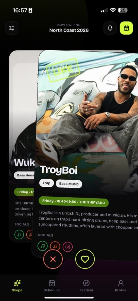 LYNEUP swipe discovery - artist card with genres, set time, and top tracks